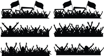 Fototapeta premium Black silhouettes set of cheering crowds with flags and raised hands for sports stadium concerts festivals and public celebration events designs