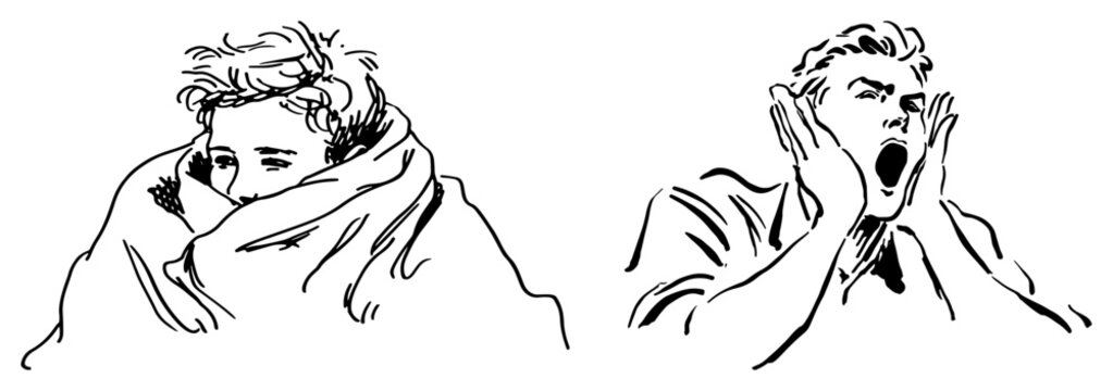 Sick man shivering in blanket and man screaming in shock ink sketch style