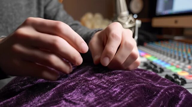 Purple Textile Rustling Sound - A close-up shot captures a pair of hands gently rustling a piece of purple fabric, creating subtle sounds.