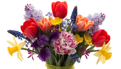 Fototapeta premium Colorful spring flower bouquet arrangement isolated cut out on PNG background. AI generated.