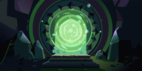 A glowing swirling green portal stands between jagged rock formations © Bikas