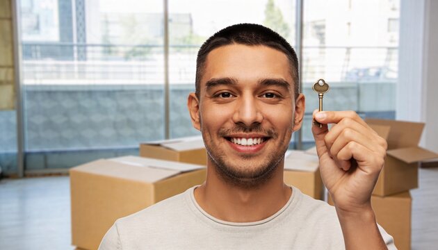 Smiling young man holding a key in his new home. Male owner showing house keys with cardboard moving boxes in background. Real estate and relocation concept