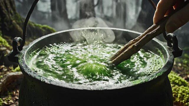 Four-Leaf Clover Potion - A four-leaf clover being dipped into a bubbling green potion inside a black cast iron cauldron. Steam rises from the potion, surrounded by an enchanted forest environment.