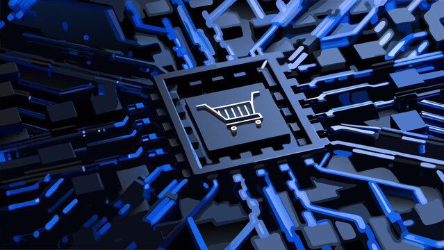 A shopping cart icon embedded within a complex circuit board design