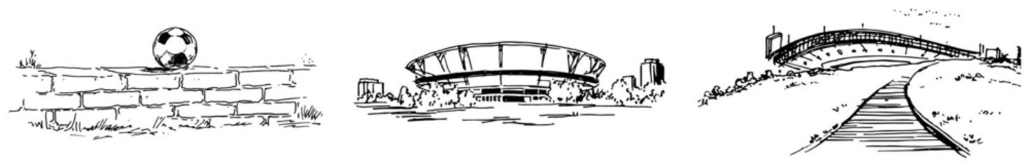 Modern football stadium architecture and soccer ball on brick wall sketch © Celestynka