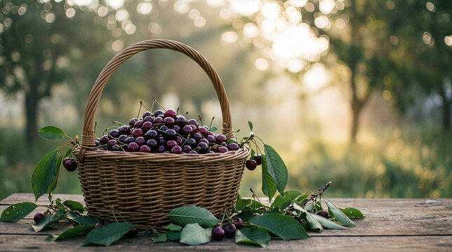 Abundant Sweet Cherries Overflowing from a Wicker Basket