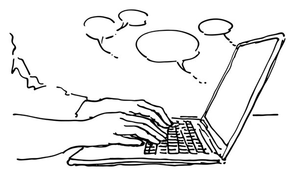 Hands typing on laptop keyboard with speech bubbles representing online communication and chat in sketch style