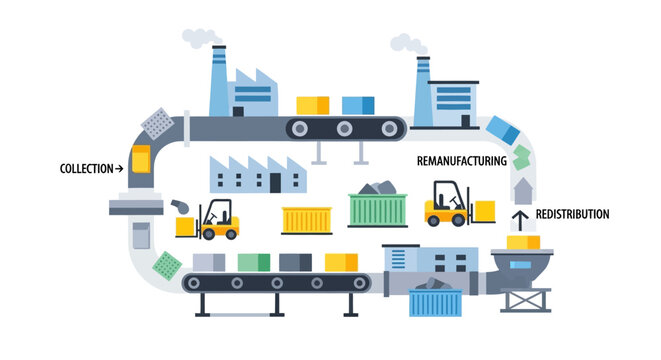 Circular Economy Remanufacturing Process Illustration: Sustainable Industrial Production, Recycling & Redistribution Diagram