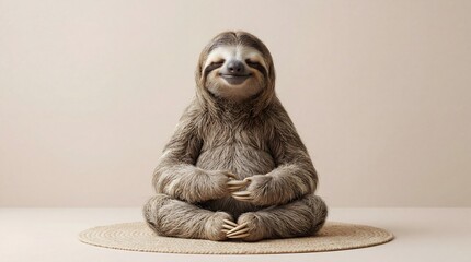 Fototapeta premium A delightfully peaceful sloth meditates with a serene smile, embodying tranquil mindfulness and a relaxed, zen-like spirit on a woven mat
