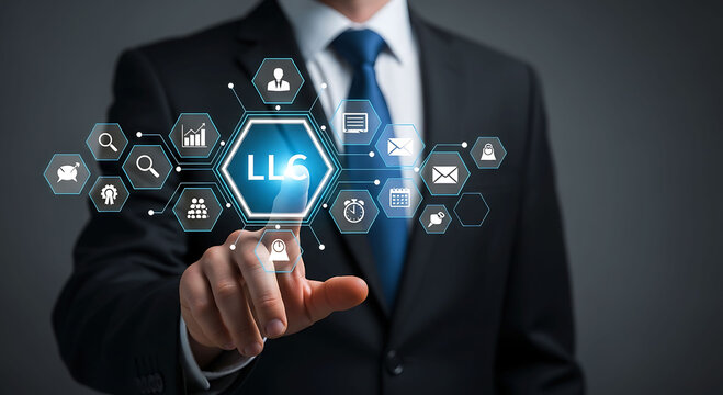 Businessman Touching LLC Icon Representing Limited Liability Company Formation Success