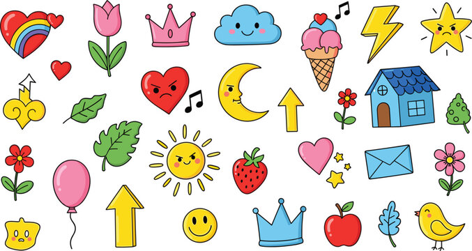 Cute hand drawn sticker set featuring colorful rainbow hearts flowers crowns clouds sun moon stars ice cream and fruit icons for kids creative DIY projects.