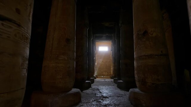 Ancient hall of the Abydos Temple with towering columns and intricate hieroglyphs, showcasing the spiritual depth and architectural mastery of Ancient Egypt.
