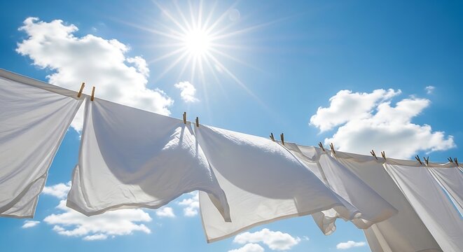 Fresh white sheets drying on a clothesline under a bright sunny blue sky with fluffy clouds and vibrant sunlight