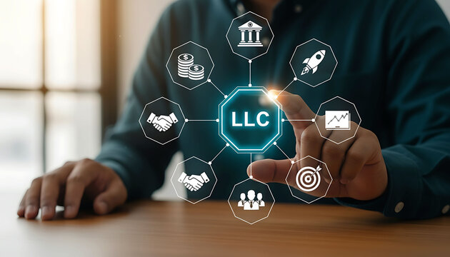 Businessman touching LLC icon representing limited liability company business concept