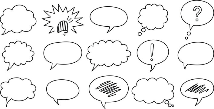 Collection of various speech bubbles and dialogue icons in black and white