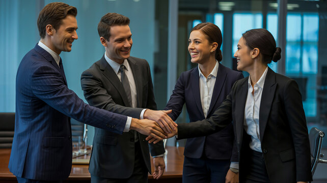 The handshake of business professionals, which symbolizes partnership agreements, institutional cooperation, teamwork, and trust in a business environment.