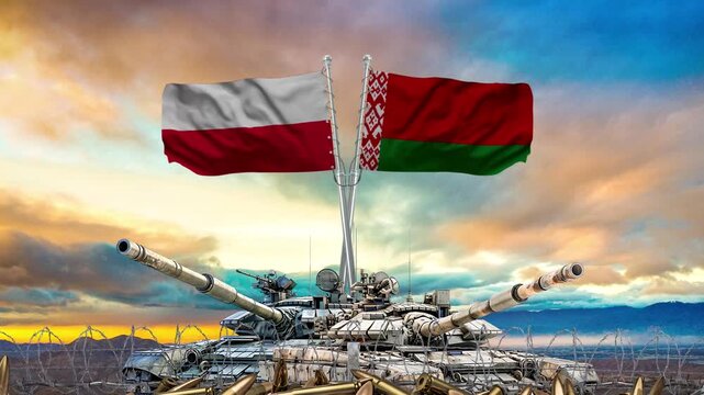 Military tank footage displaying Polish and Belarusian flags motion graphics