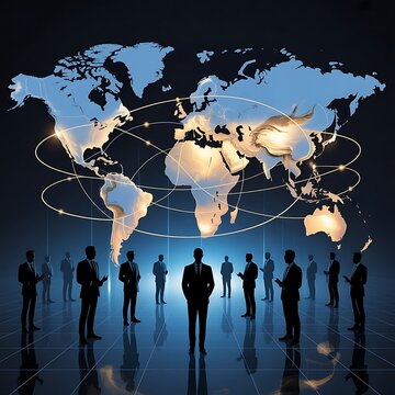 Global business network, international connections, world map, silhouetted professionals