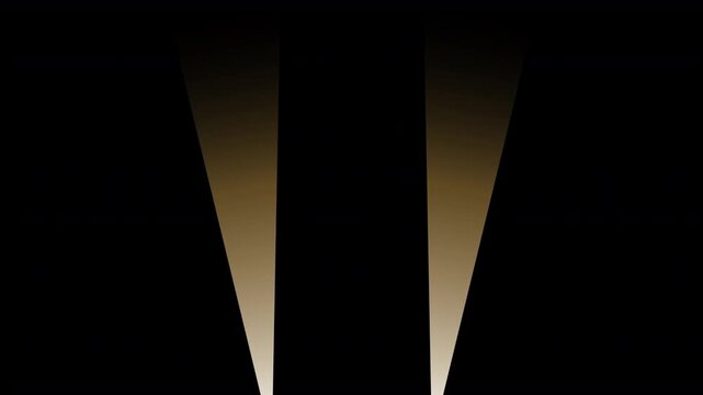 two animated searchlights or golden yellow spotlights in an art deco retro vintage film movie premiere poster style illustration or second world war air raid isolated on a plain black empty background