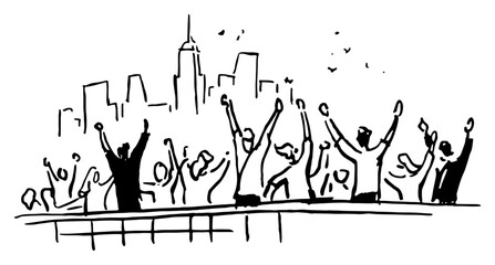 Fototapeta premium Cheering crowd with raised arms in front of city skyline skyscrapers in minimalist ink sketch style
