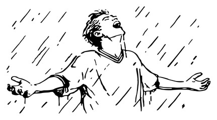 Man standing in rain with open arms expressing freedom and relief in hand drawn ink sketch style © Celestynka
