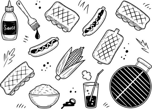 Hand drawn black and white barbecue food with ribs corn hot dogs and grill