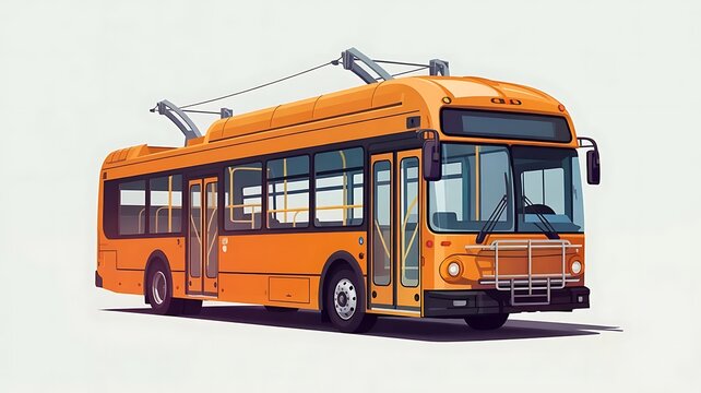 A vibrant orange trolleybus with overhead electrical lines is depicted against a neutral background isolated on white background