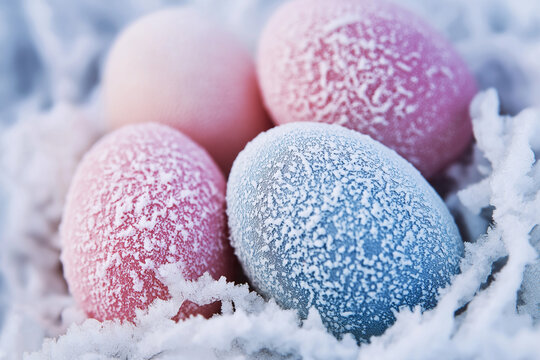 Ice-covered Easter eggs with frost texture, cold winter-meets-spring concept