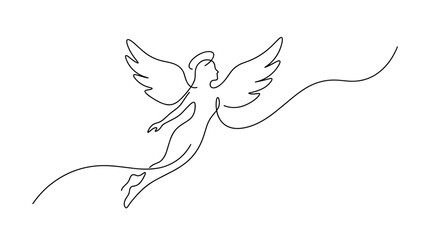 Obraz premium Elegant single line drawing of an angel with wings and halo flying gracefully with flowing ribbon element symbolizing spirit or peace