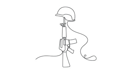 Fototapeta premium Minimalist single line drawing of a fallen soldier's rifle and helmet symbolizing remembrance and sacrifice