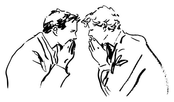 Two men whispering secrets to each other in expressive minimalist ink sketch style