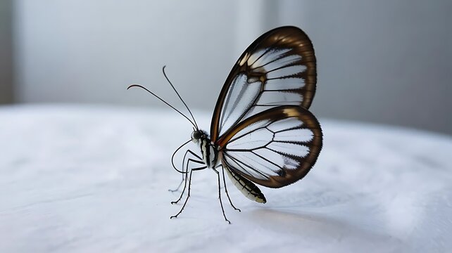 A detailed close up view of a fragile glasswing butterfly resting on a flat neutral background isolated on white background