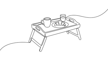 Fototapeta premium Minimalist line drawing of a breakfast tray with coffee and croissant on a white background, simple elegant food illustration