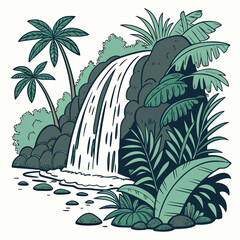 Tropical paradise scene with waterfall and lush greenery © jjj