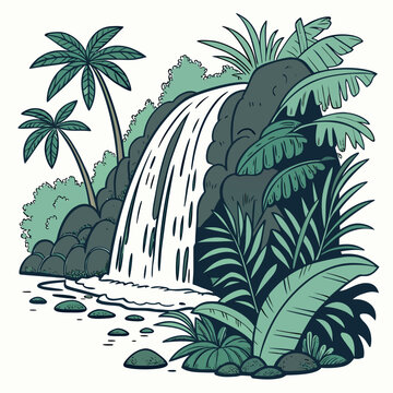 Tropical paradise scene with waterfall and lush greenery