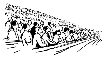 Crowd of spectators sitting in stadium stands watching sports game in minimalist line drawing © Celestynka