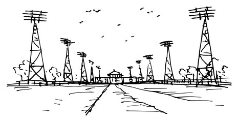 Stadium floodlights and lighting towers along sports arena entrance in hand drawn ink sketch style © Celestynka