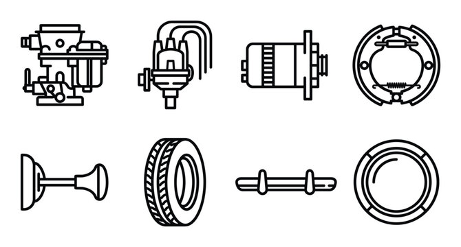 Classic car engine and mechanical part icons set featuring carburetor distributor and brake drums