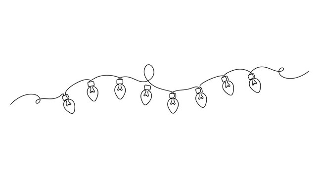 Simple continuous line drawing of a string of festive lights with glowing bulbs on a white background