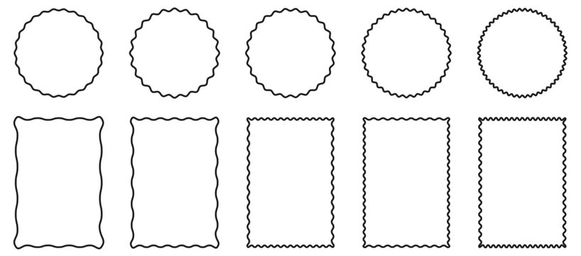 Collection of decorative wavy line borders. Geometric zig zag wavy edge stickers, frames, shapes.
