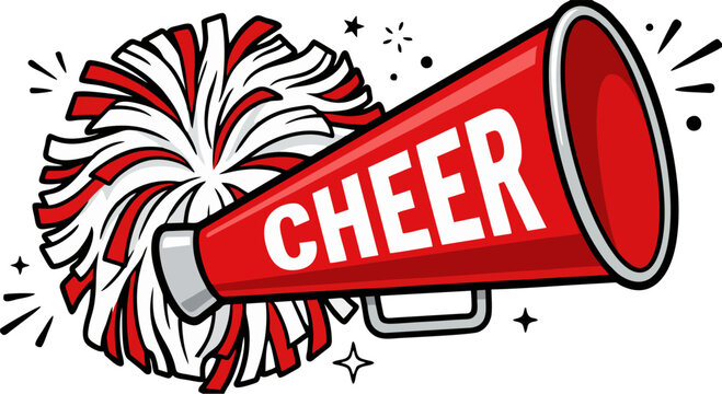 Cheerleading Megaphone and Pom Pom Vector Illustration &ndash; Red and White Cheer Bullhorn with Sparkle Effects, School Spirit, Pep Rally Cartoon Clipart