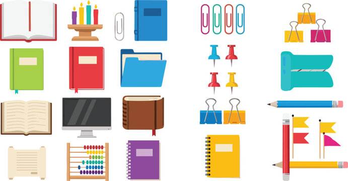 School Stationery and Office Supplies Icon Set Vector Illustration with Books, Notebooks, Paper Clips, Folders, Pencils, and Desk Accessories