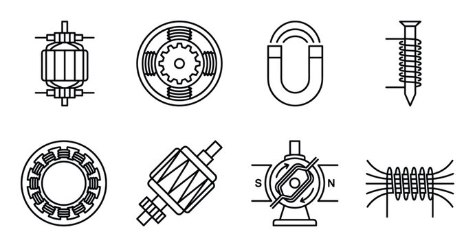 Electric motor components and electromagnetism vector icons set on transparent background for engine