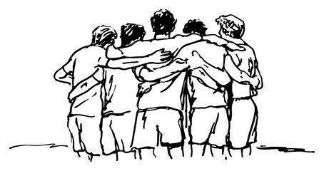 Group of male friends standing together with arms around shoulders in expressive ink sketch style