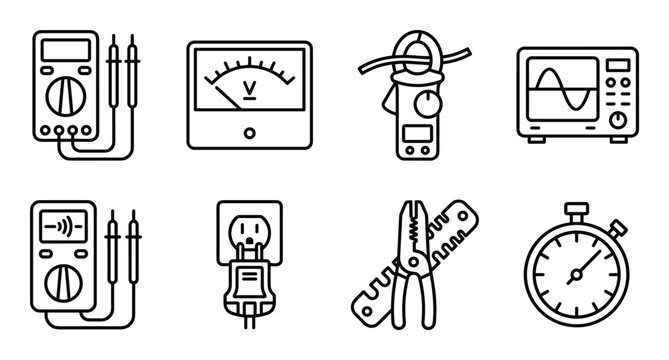 Electrical measurement tools and diagnostic equipment icons for professional electrician maintenance