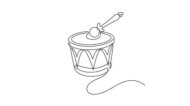 Minimalist single line drawing of a toy drum with a drumstick, representing music and childhood play