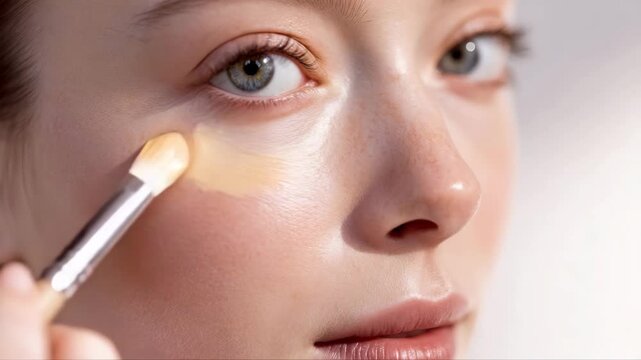 Young Caucasian woman applying foundation to her cheek with a brush, showcasing a close-up view of her skin and makeup application process in a well-lit setting