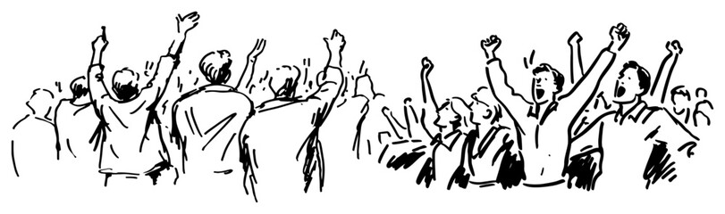 Crowd of fans cheering with raised hands at stadium or concert in hand drawn ink sketch style © Celestynka