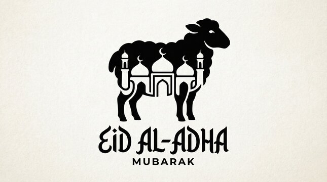 "Sheep silhouette with mosque domes and minarets inside, Eid al-Adha Mubarak text below"