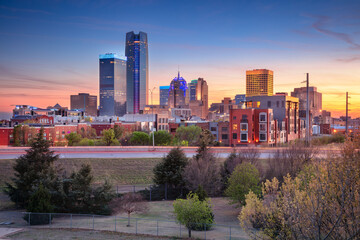 Oklahoma City, Oklahoma, USA. Aerial cityscape image of Oklahoma City skyline at beautiful spring sunset.